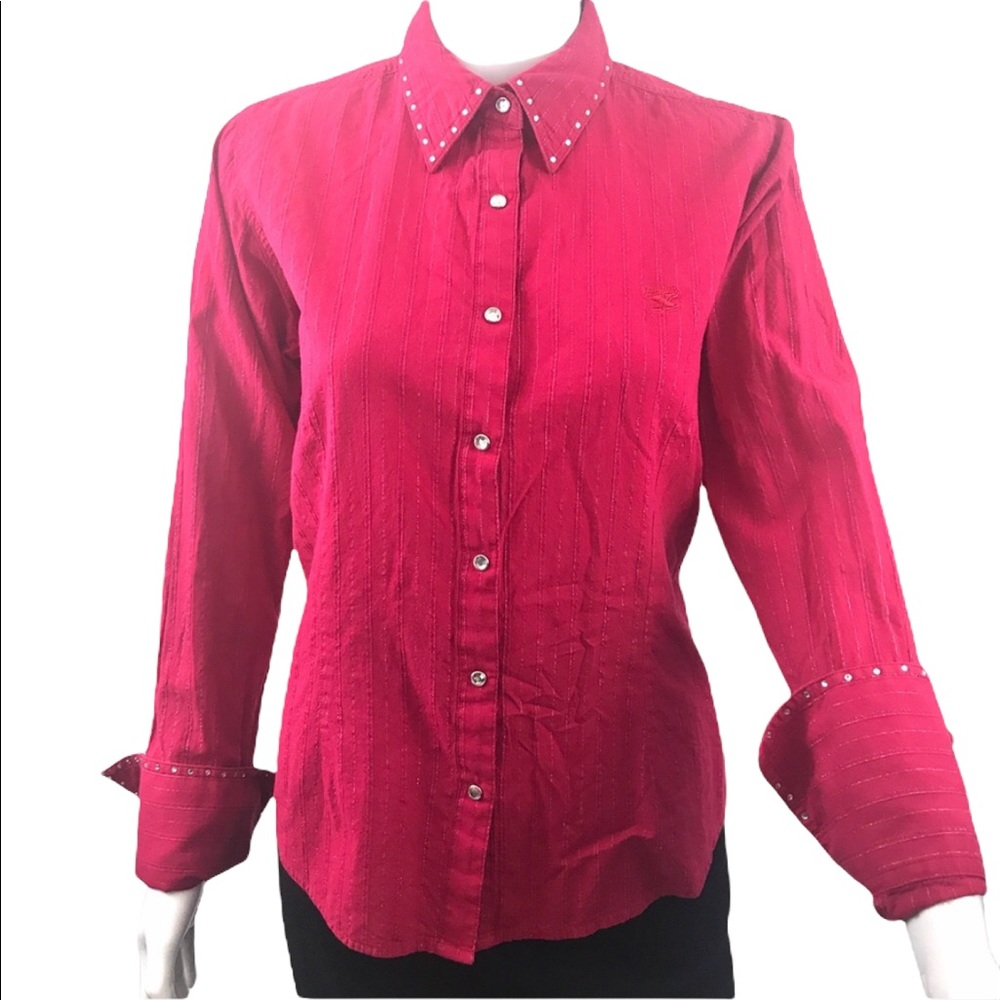 Western Blouse M Pearl Snaps Red Metallic Stripe Rhinestone Cowgirl